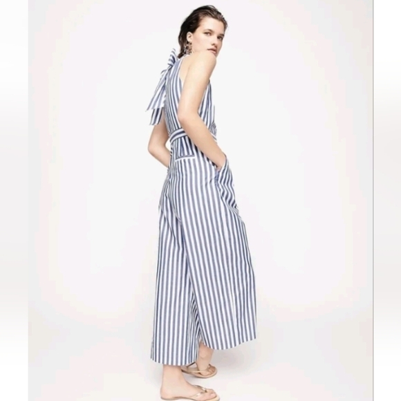 J. Crew Blue White Striped Halter Jumpsuit H7371 Women's Size 12 - Picture 1 of 10